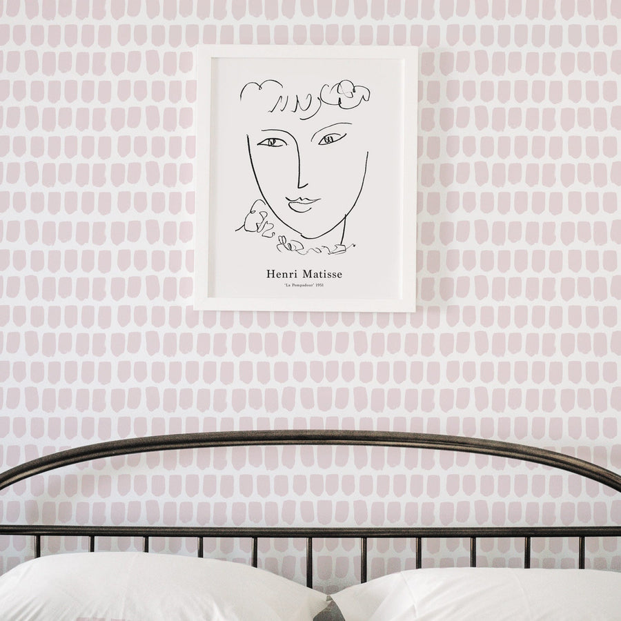 minimal french style girls bedroom interior with pink tiny speckles print wallpaper