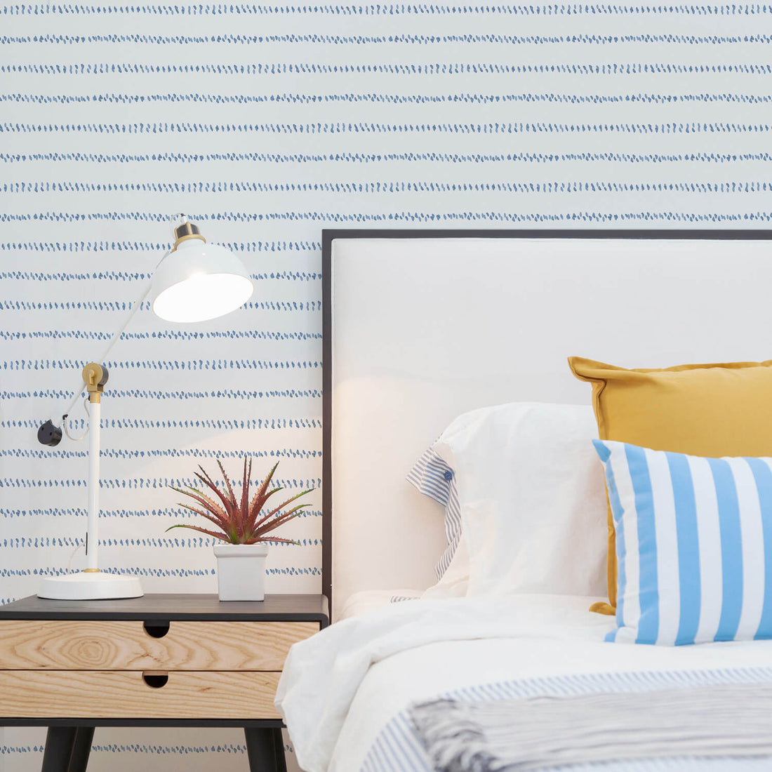 modern beach house kids bedroom interior with blue wire inspired wallpaper
