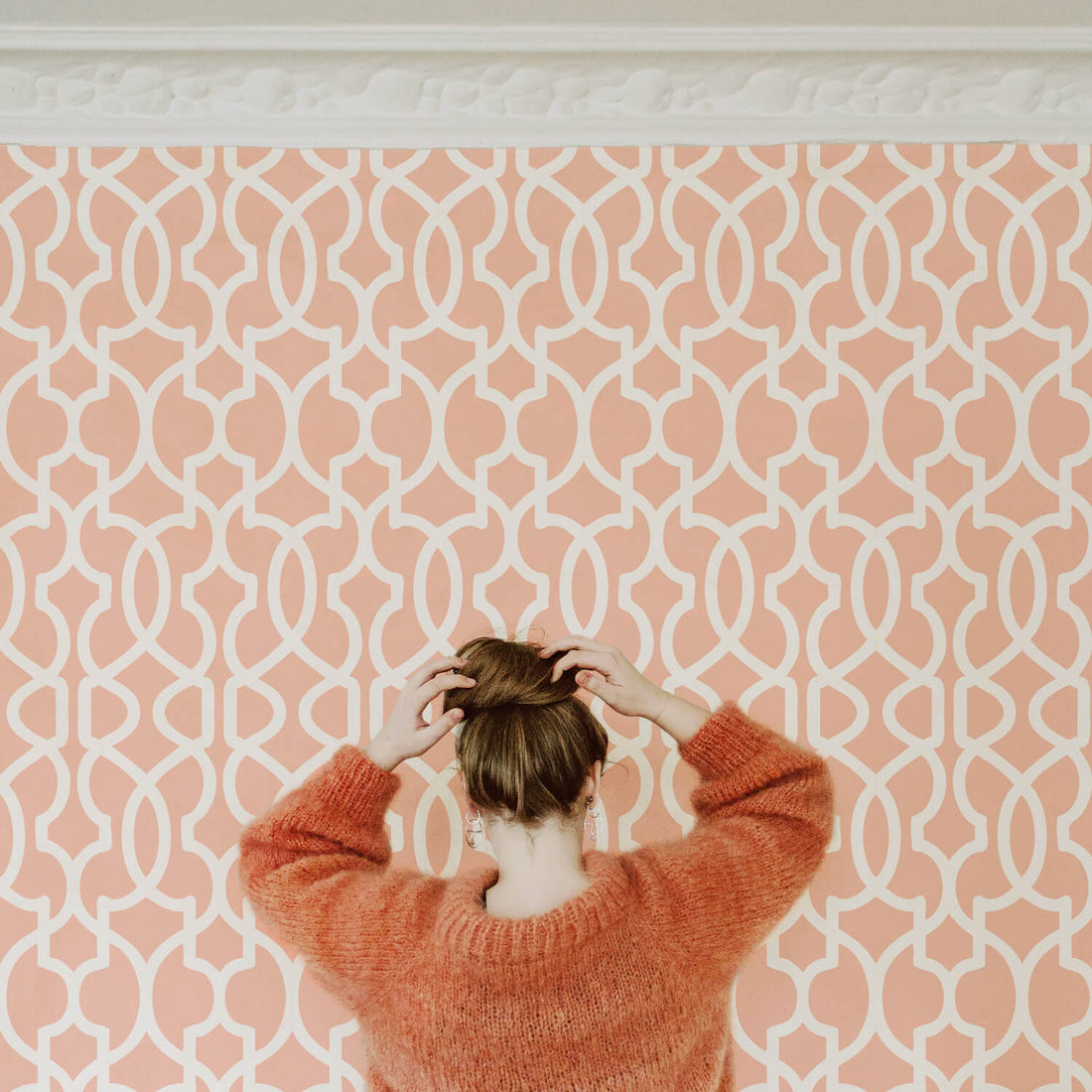 Blush pink moroccan design removable wallpaper in parisian style apartment interior