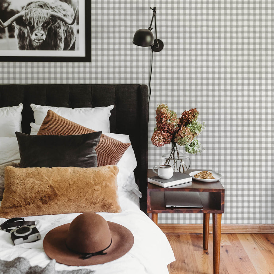 modern farmhouse boho master bedroom interior with plaid wallpaper