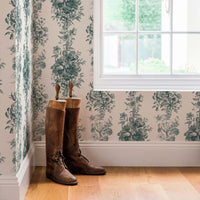 modern farmhouse style foyer with green dior toile pattern inspired wallpaper