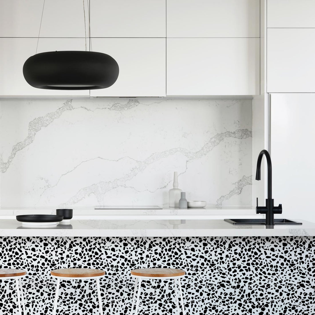modern kitchen interior with black terrazzo wallpaper kitchen island