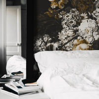 Moody elegant floral wall mural in black and white bedroom interior
