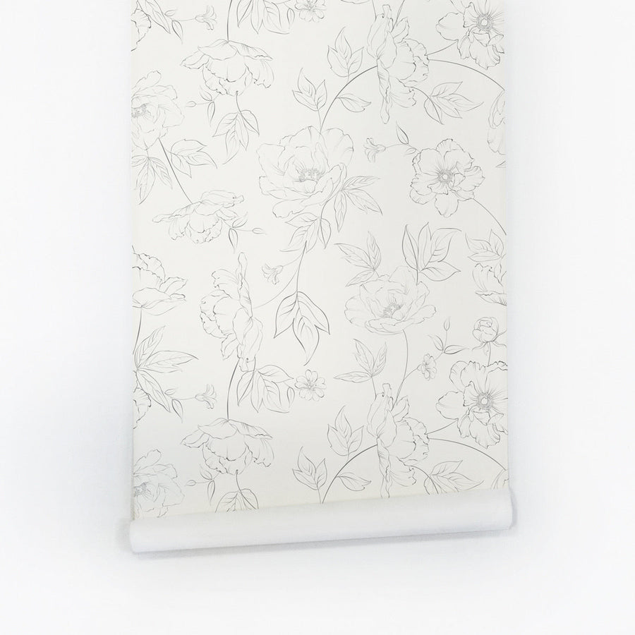 Monochrome flower pattern peel and stick wallpaper