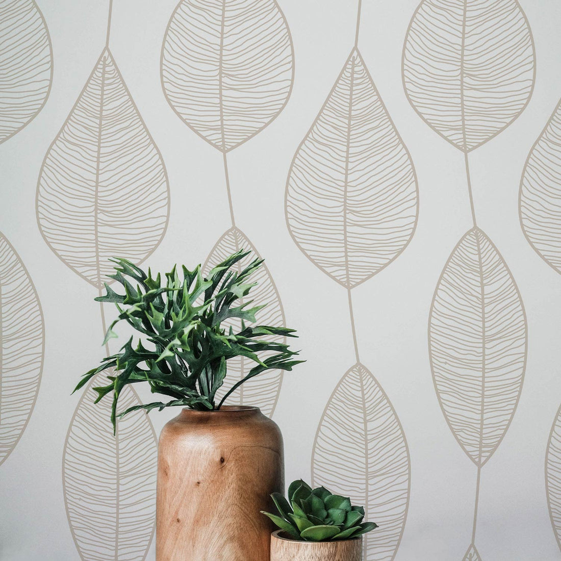 beige leaf stripe wallpaper design