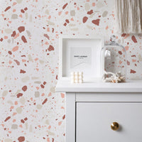 neutral terrazzo design removable wallpaper in white interior
