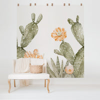 Oversized cactus wall mural in nursery interior