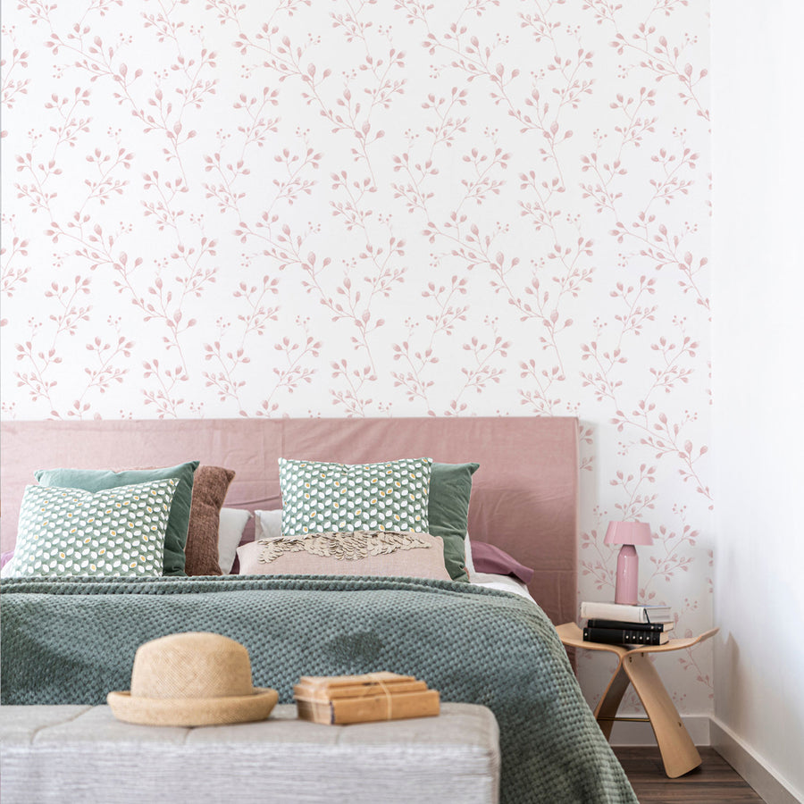 light pink botanical wildflower print wallpaper for girls bedroom