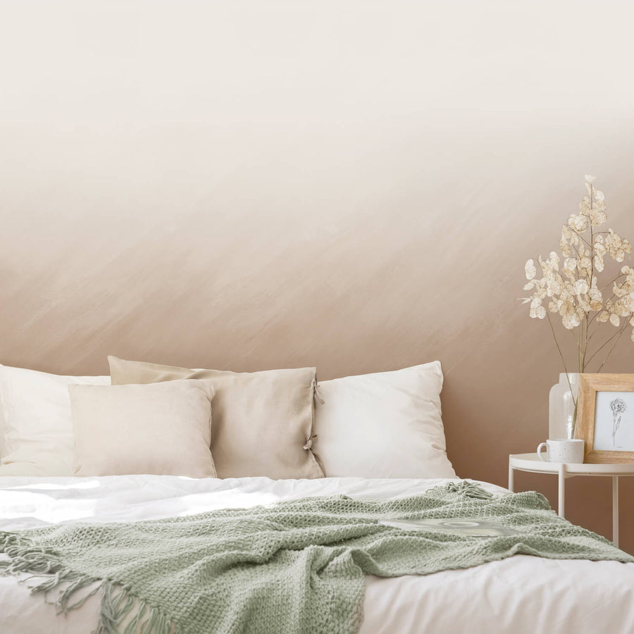 light beige bedroom interior with ombre inspired wallpaper design