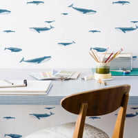 watercolor blue print wallpaper for ocean theme study nook