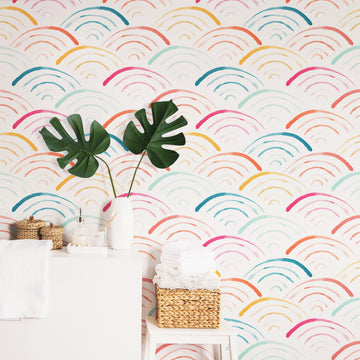 Rainbow scallop removable wallpaper in scandi boho powder room interior