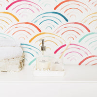 Rainbow removable wallpaper in white scandi boho bathroom interior