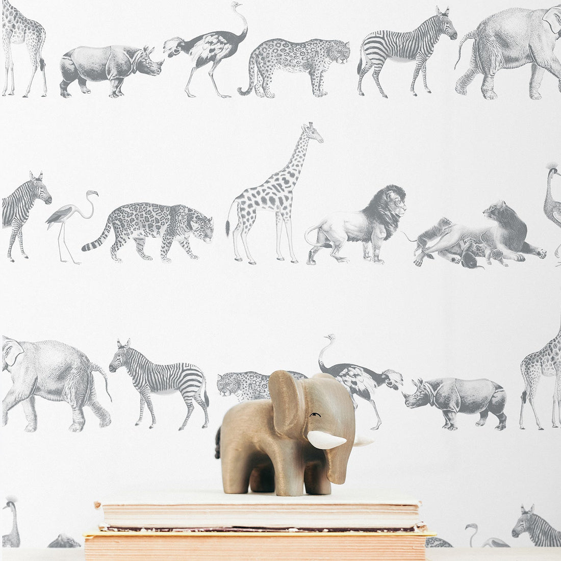 safari inspired wallpaper with painted grey animals