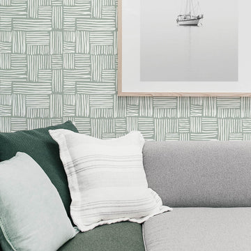 Modern plaid print removable wallpaper in Sage Color