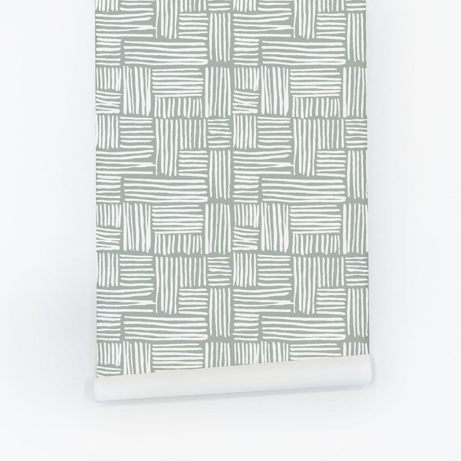 Modern plaid print removable wallpaper in Sage Color