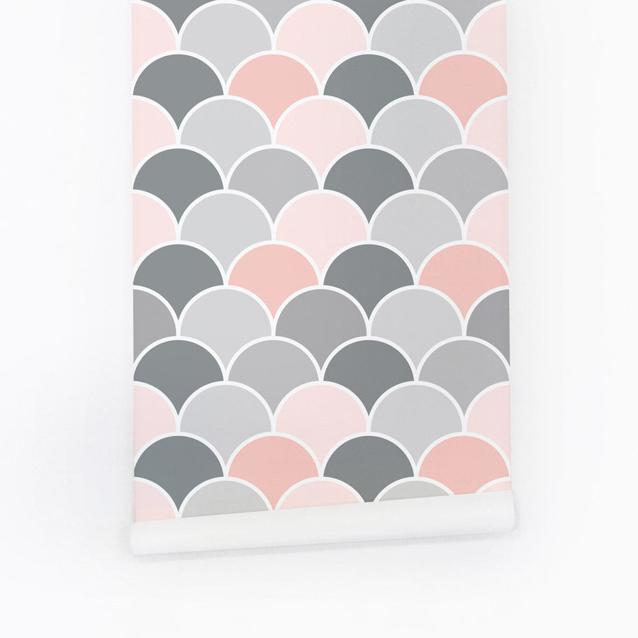Pink and grey scallop print wallpaper