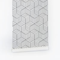geometric cube pattern wallpaper for kids room in soft grey color
