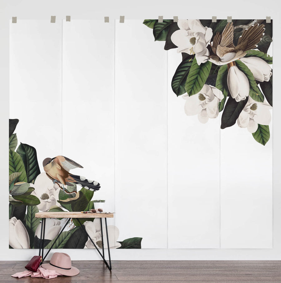 Vintage botanical wall mural with birds and flowers for kids room interiors