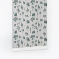 grey removable kids room wallpaper with green tree pattern
