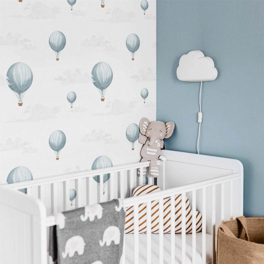 light blue vintage air balloons print wallpaper for baby nursery