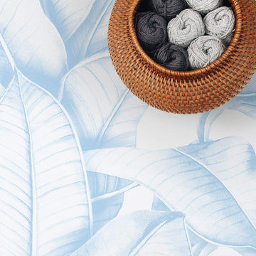 Light blue palm leaf removable wallpaper for nursery interior