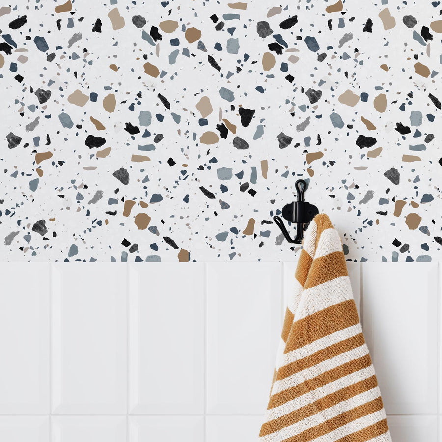 Neutral terrazzo design removable wallpaper for bathroom interiors