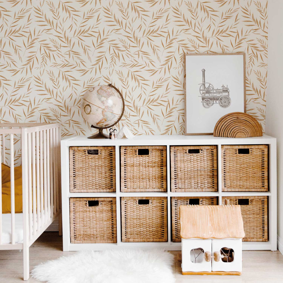 light beige botanical leaves print wallpaper for bohemian style kids bedroom