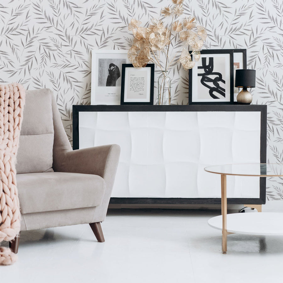 grey botanical leaves pattern wallpaper for modern bohemian style living room