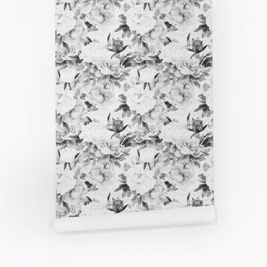 grey floral peony peel and stick wallpaper
