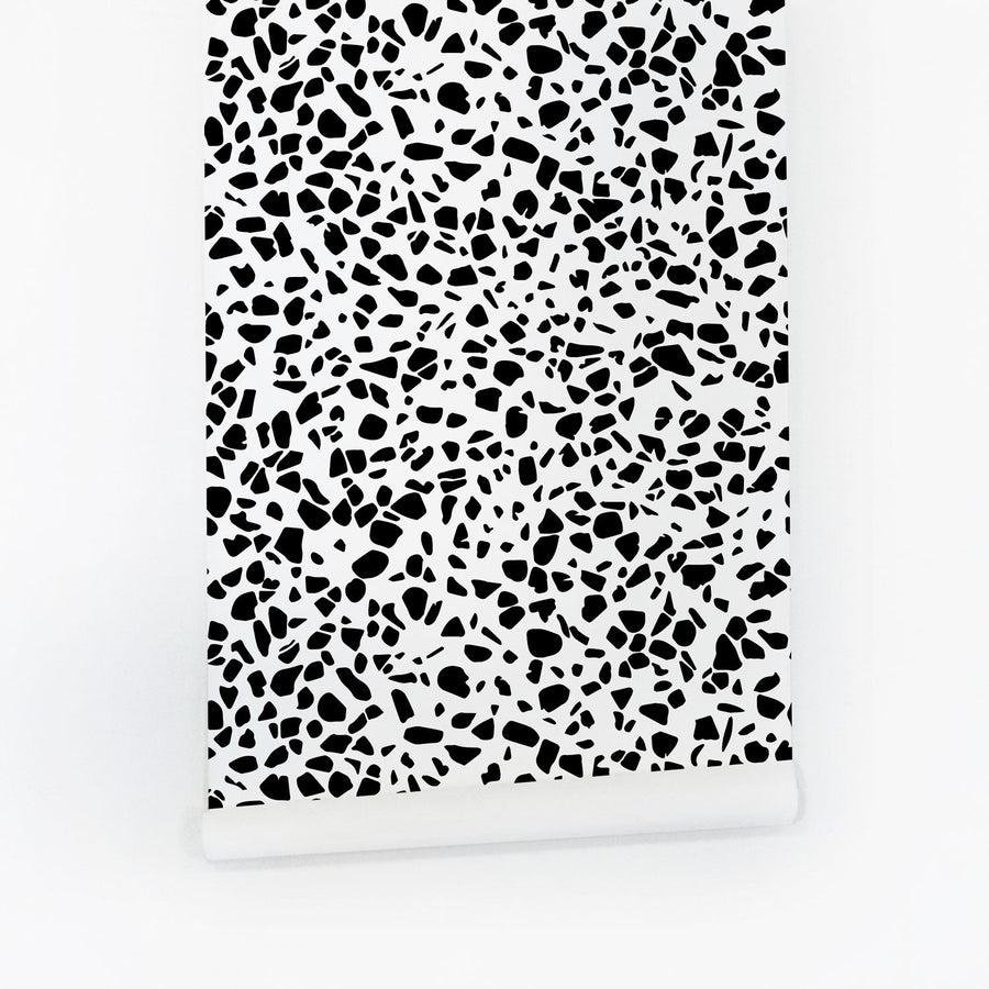 black and white terrazzo inspired peel and stick wallpaper