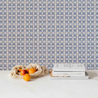 white marble kitchen with vintage blue moroccan tiles wallpaper