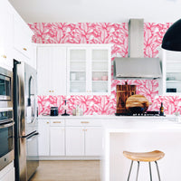 bright pink banana leaf wallpaper for kitchen interior