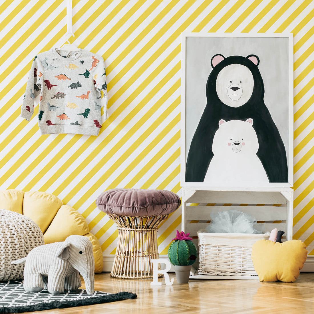 simple diagonal lines wallpaper in bright yellow for eclectic style kids playroom
