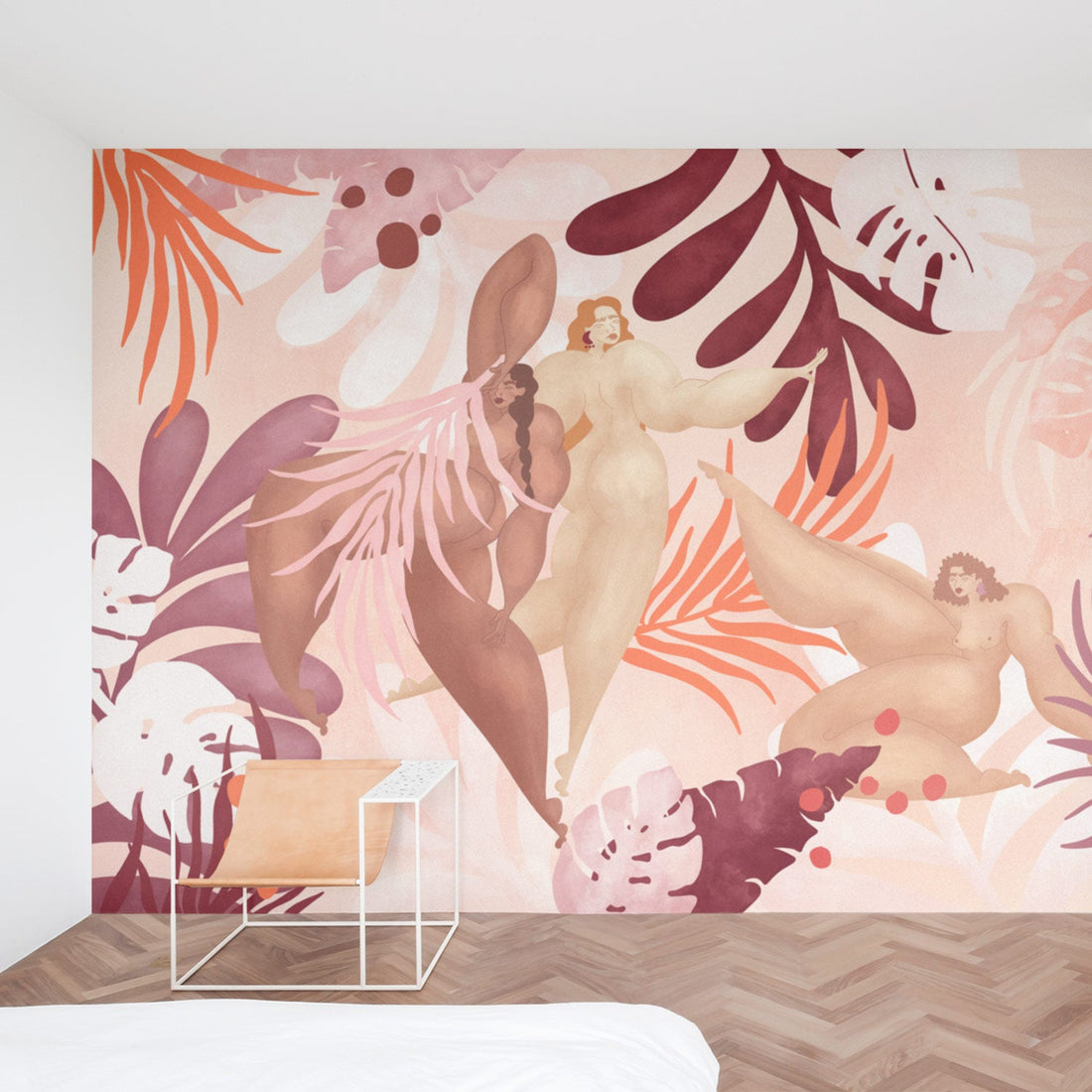 Scandinavian design apartment with pink statement wall wallpaper
