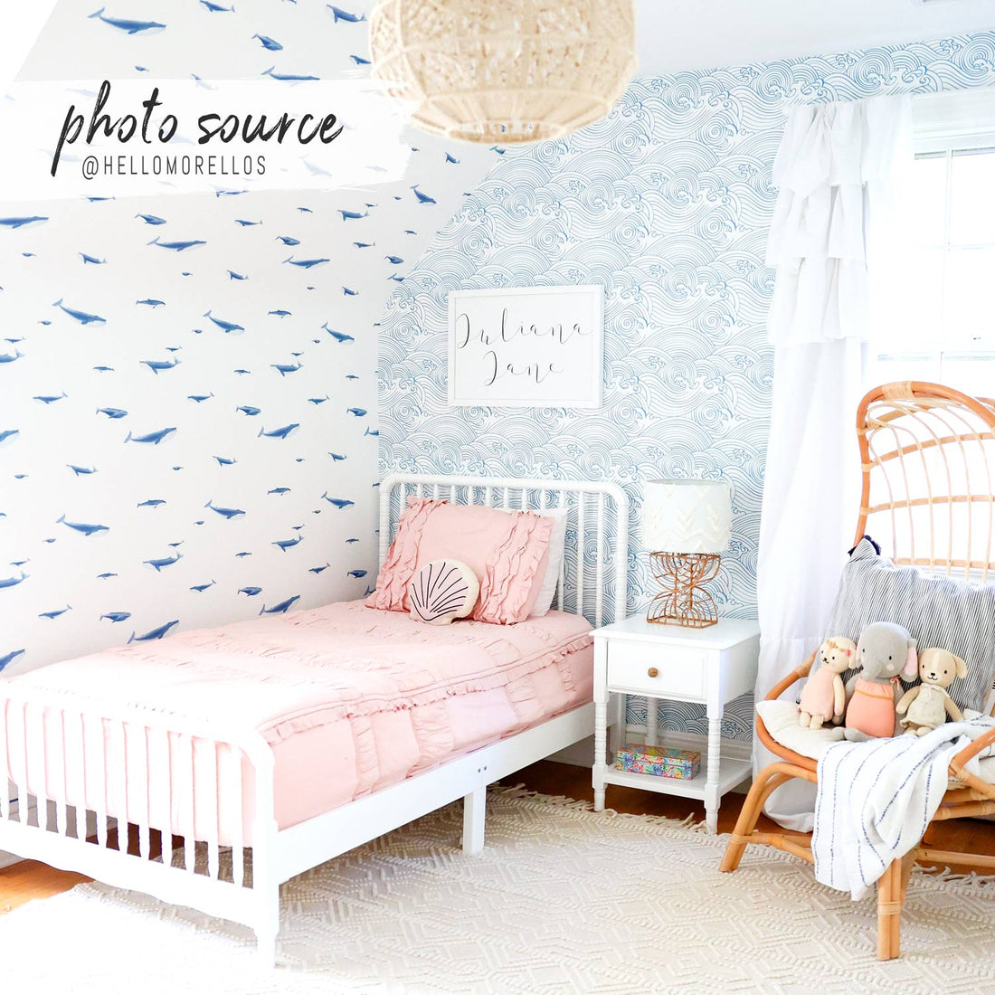 beach house inspired kids bedroom interior with light blue waves pattern wallpaper