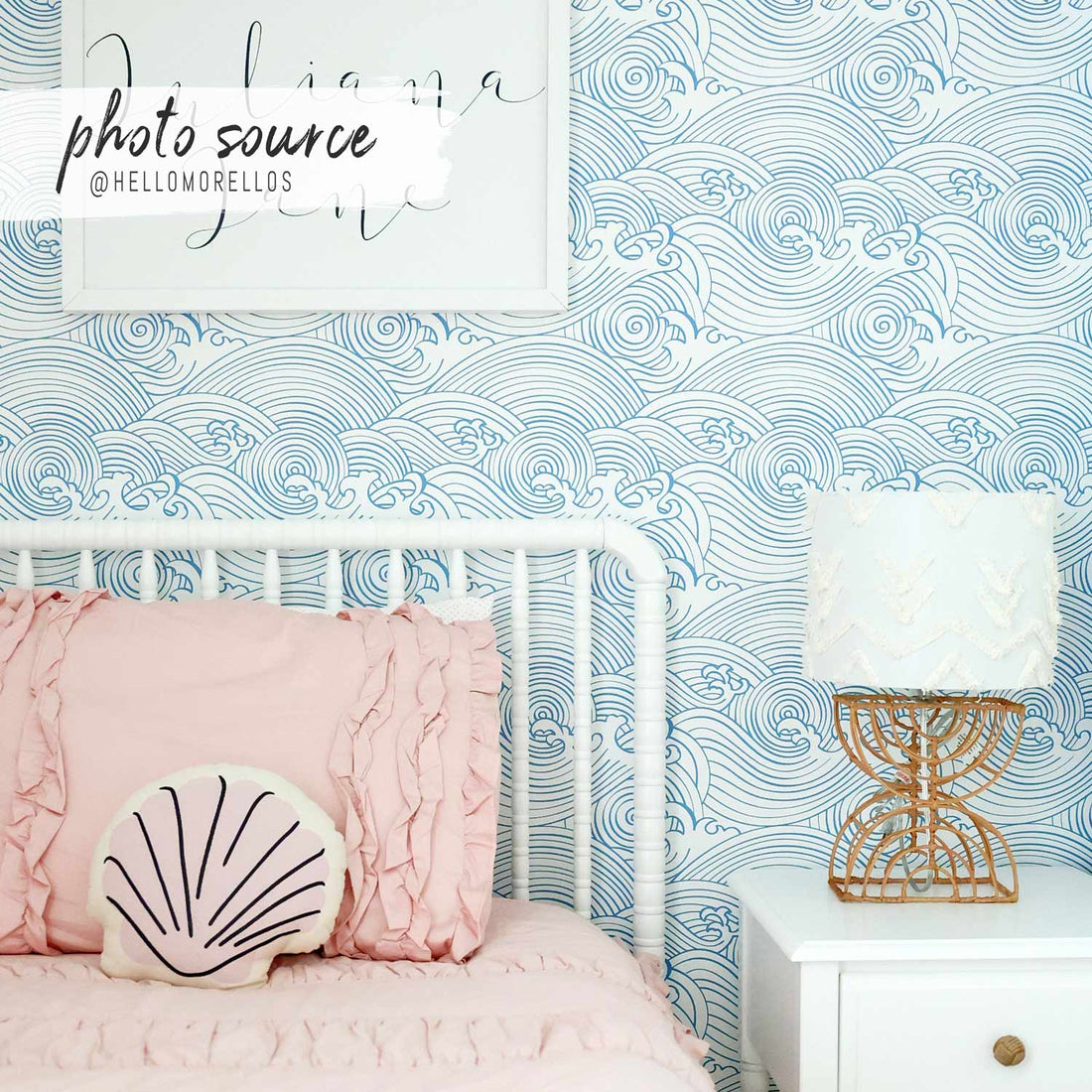 coastal waves pattern wallpaper in blue for girls bedroom interior
