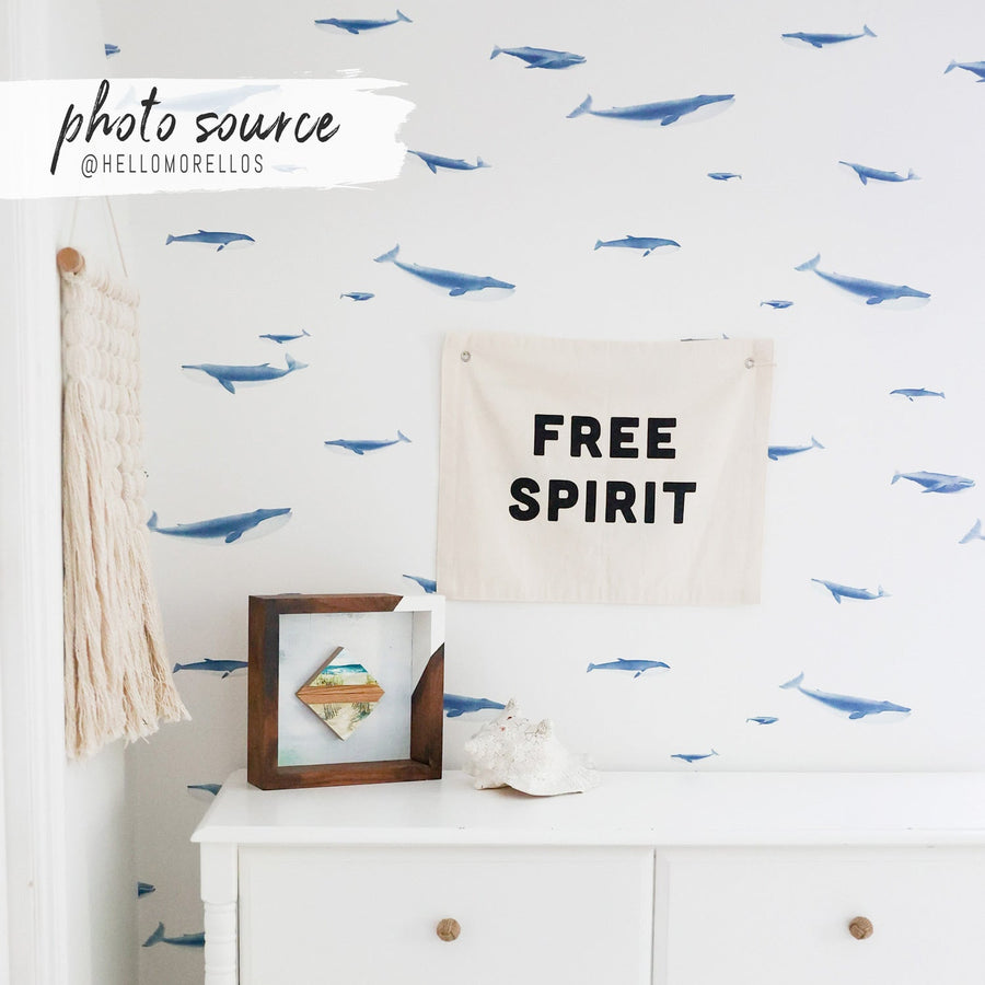 tiny blue whale print removable wallpaper for nautical kids room