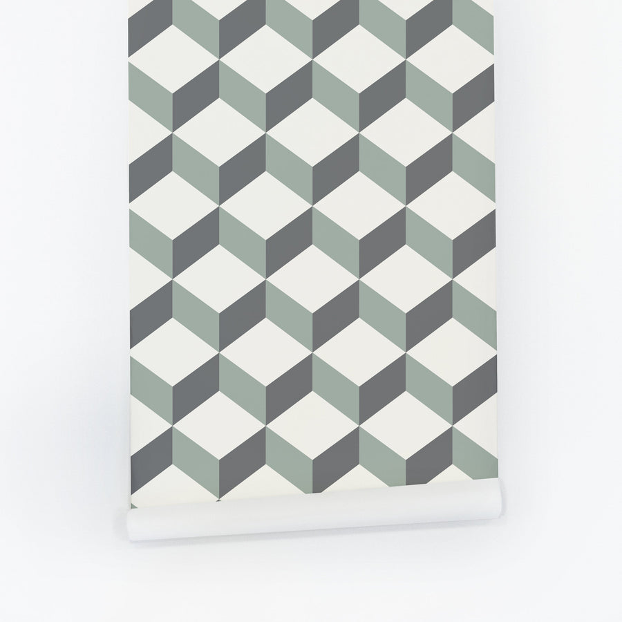 green geometric cube pattern wallpaper in peel and stick