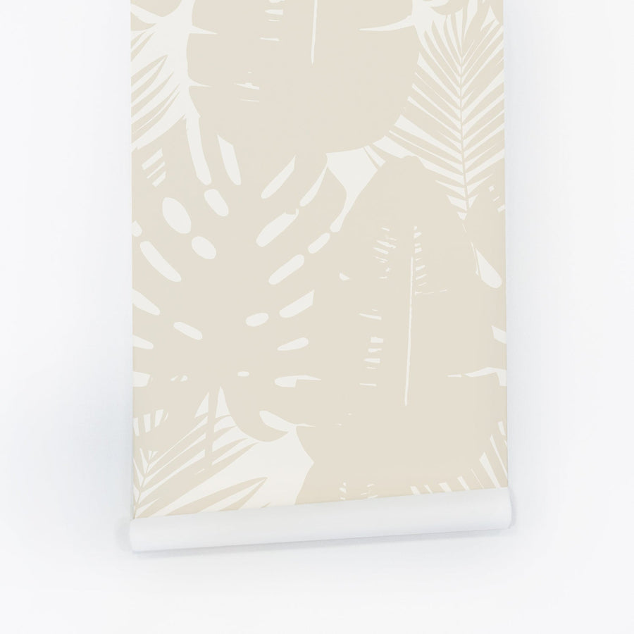 linen and off white palm leaf imprint wallpaper design peel and stick