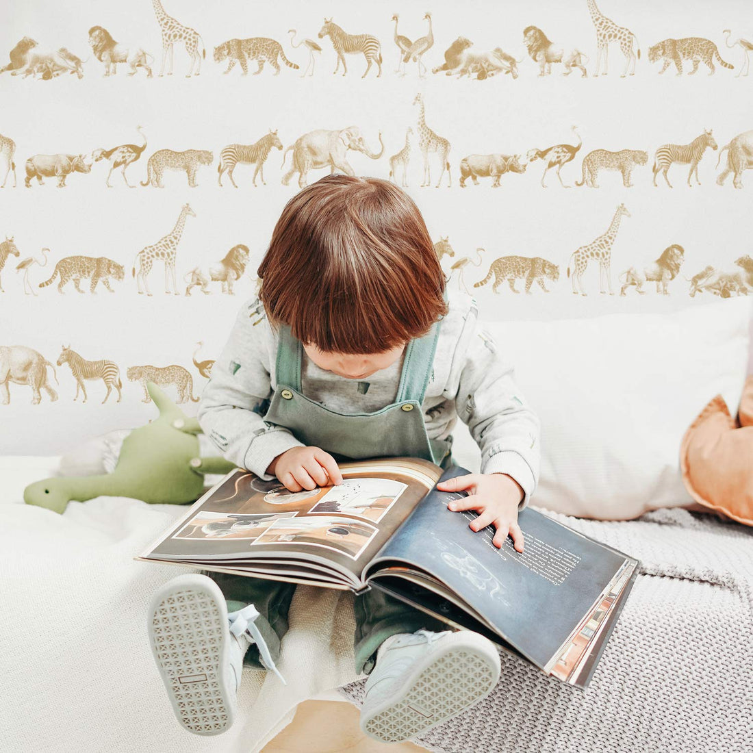 safari themed animal print wallpaper design in beige for neutral kids bedroom