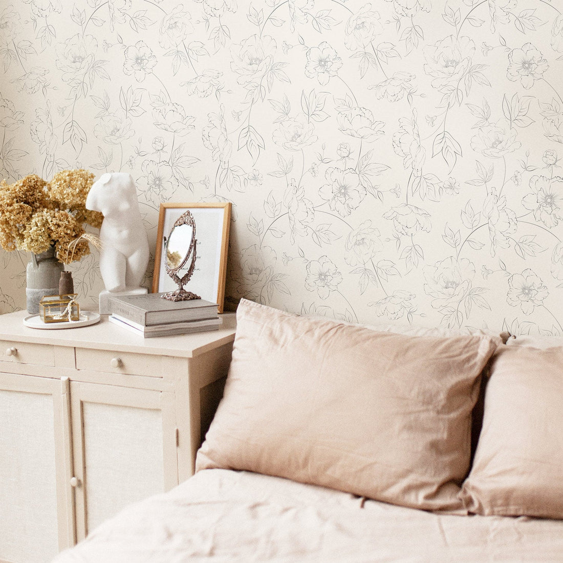 feminine floral wallpaper in pink bedroom
