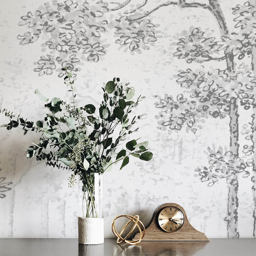 Grey woodland removable wallpaper for boho interiors